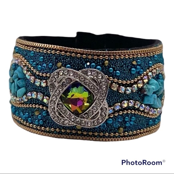 Turquoise & Gold Boho Cuff Bracelet w/ Multicolored Sparkling 18mm Ginger Snap! - Picture 1 of 16